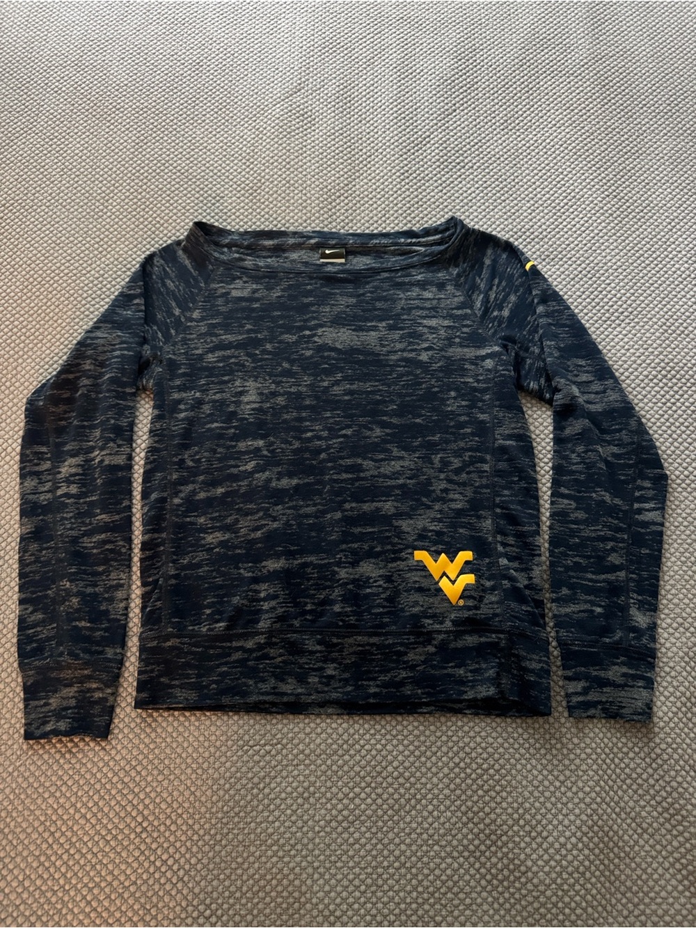 WVU Nike Women's Navy Marled/Butnout Long-Sleeve Pullover with Yellow Logo